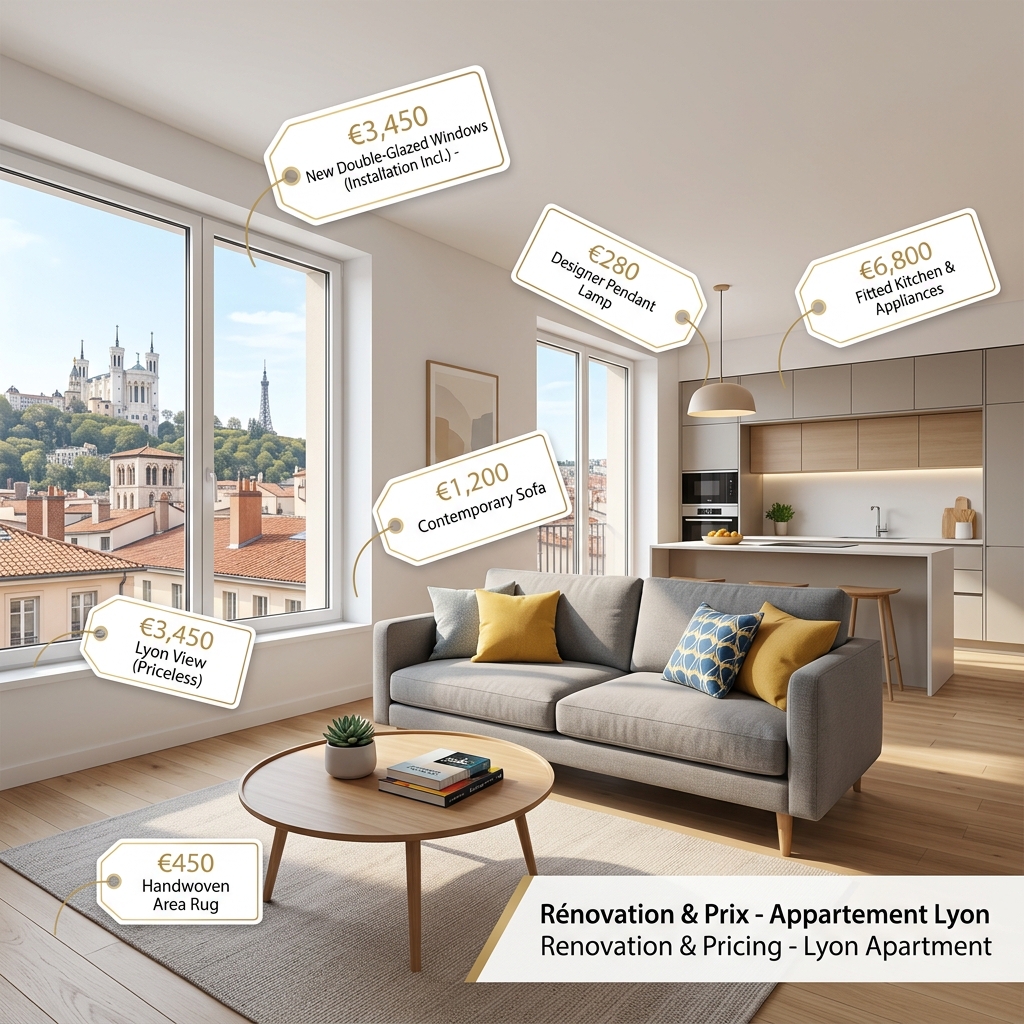 Intérieur d'un appartement lyonnais avec de grandes fenêtres neuves offrant une vue dégagée sur la ville.