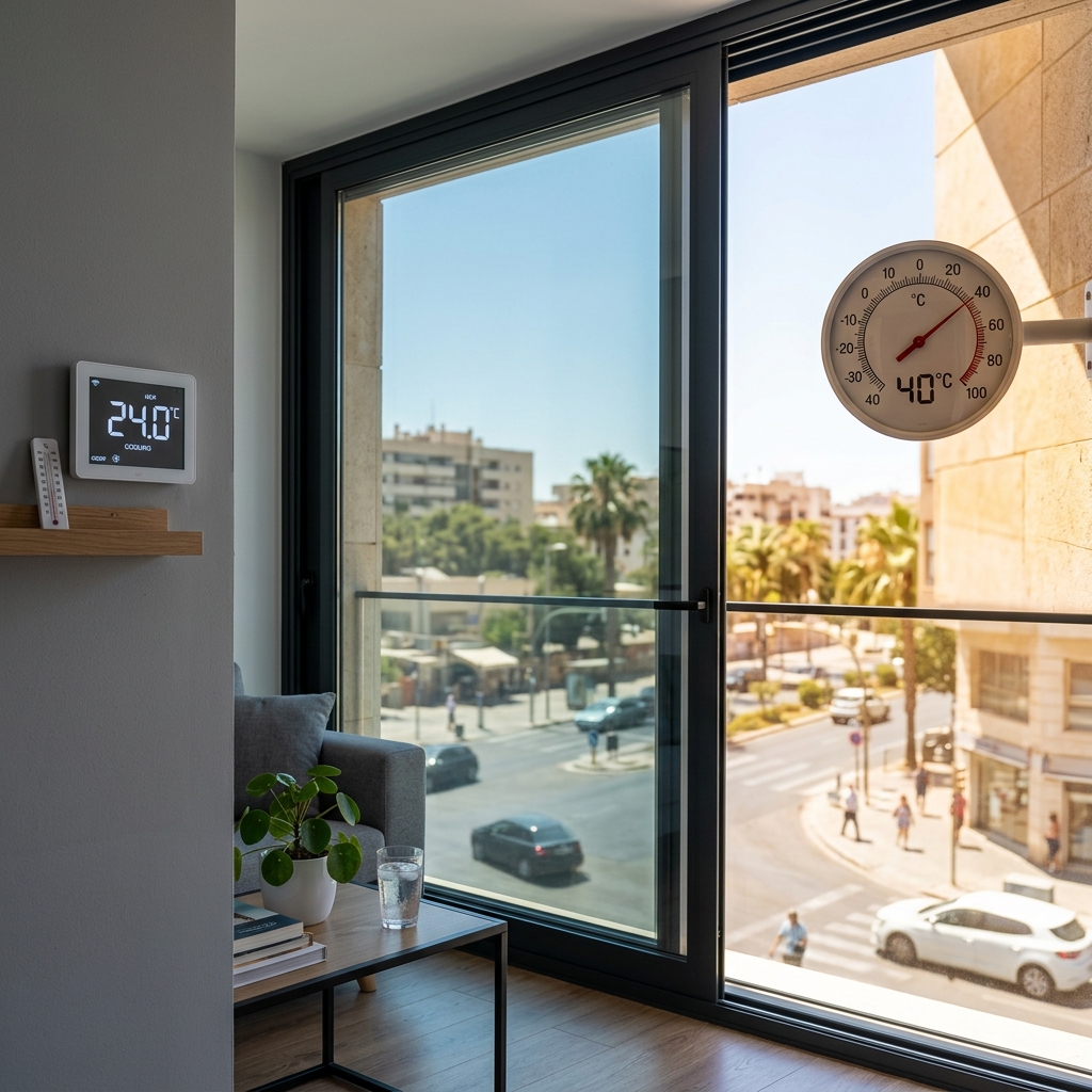 Thermomètre extérieur montrant une forte chaleur et intérieur frais avec une fenêtre moderne dotée d'une protection solaire intégrée.