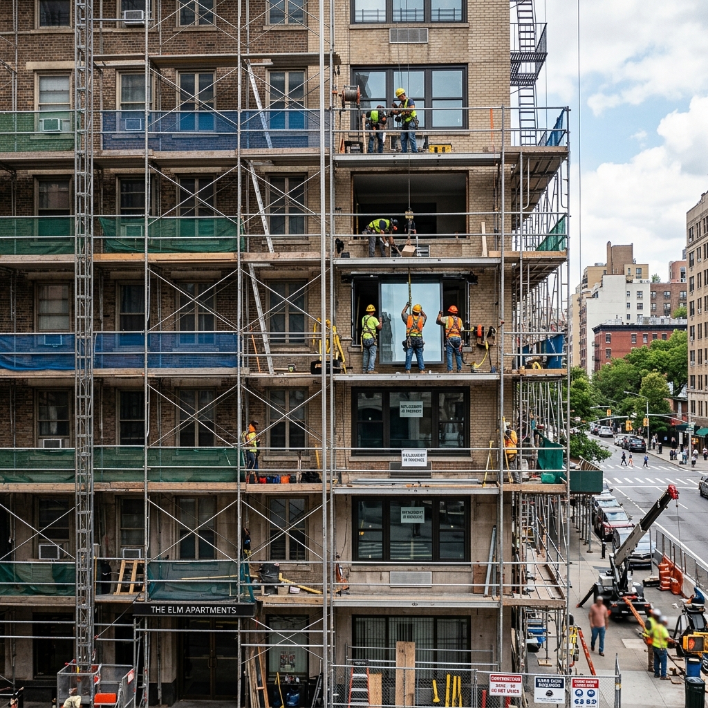 Façade d'un grand immeuble d'habitation avec des échafaudages où des ouvriers changent des fenêtres à plusieurs étages.