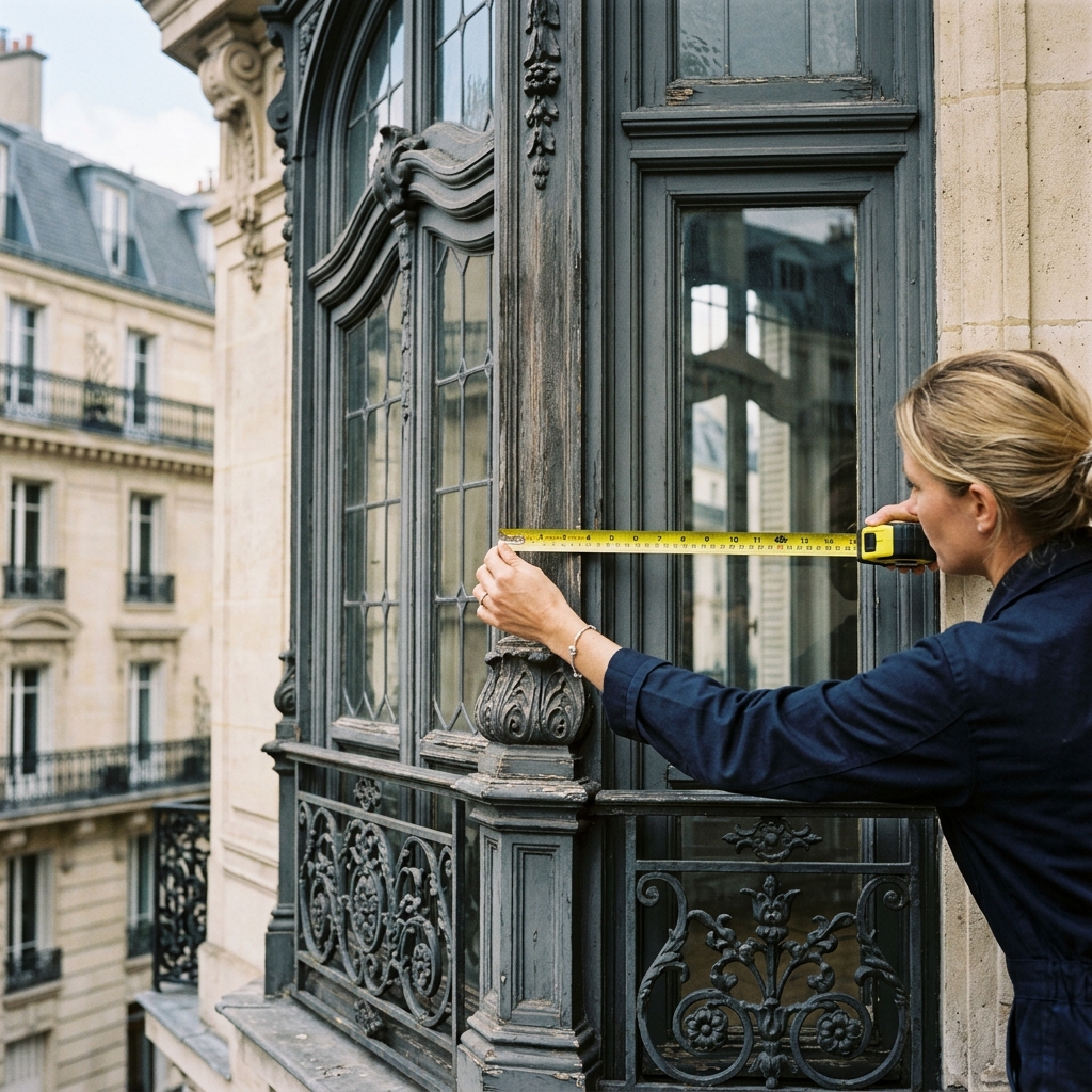 Gros plan sur une fenêtre haussmannienne classique en bois ornée de moulures en cours de mesure.