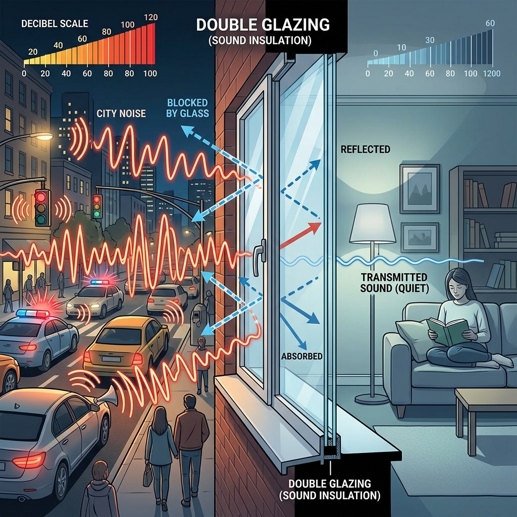Ondes sonores représentées schématiquement bloquées par le double vitrage d'une fenêtre dans une chambre silencieuse.