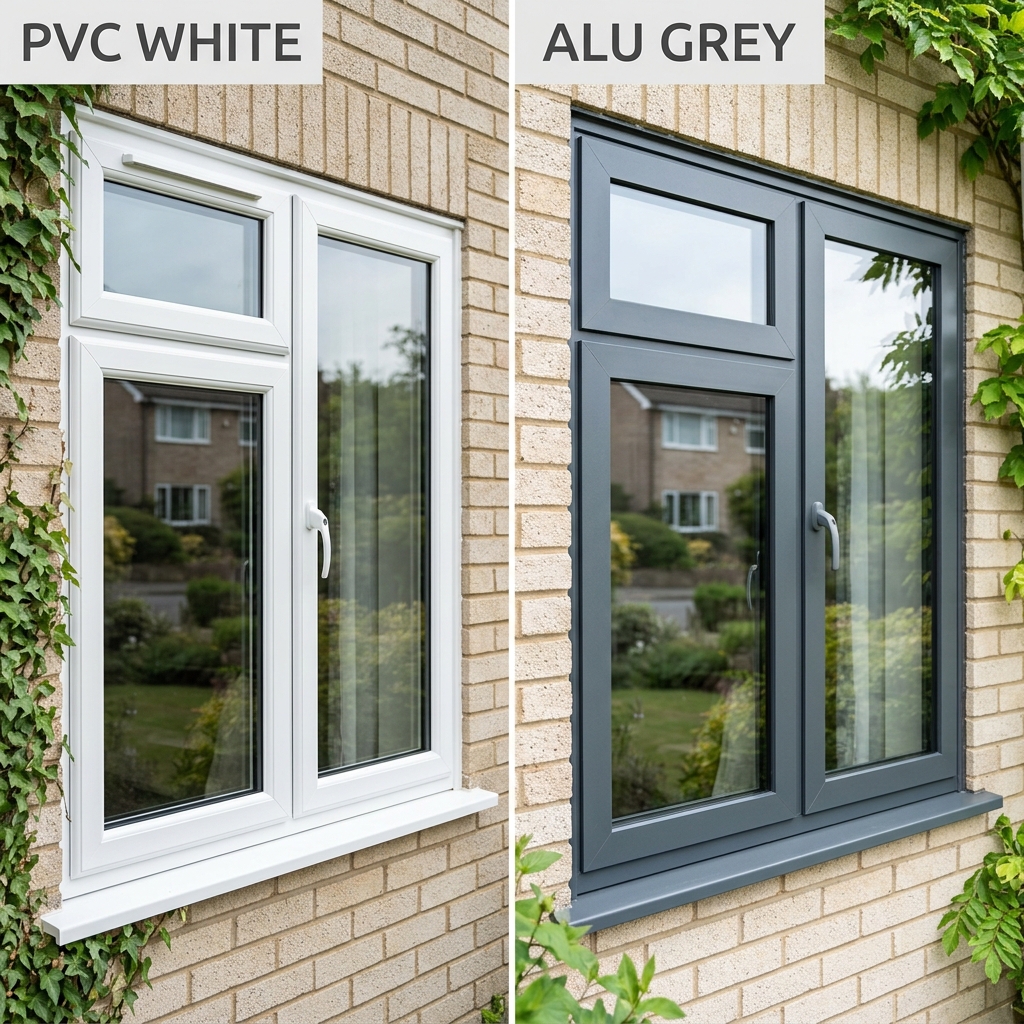 Comparaison côte à côte de deux fenêtres, une en PVC blanc et l'autre en aluminium gris anthracite.